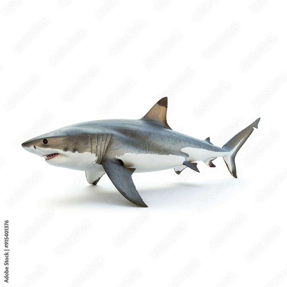 Fototapeta premium Great white shark swimming in clear water, showcasing its powerful body and sharp teeth, isolated on a white background.