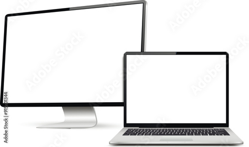 Computer monitor and laptop with blank white screens