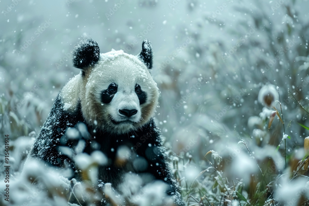 cute panda in snow, exploring snowy landscape. Snowflakes gently fall around. Panda's fur contrasts with pure white snow cute panda in snow, exploring snowy landscape. Snowflakes gently fall around. Panda's fur contrasts with pure white snow