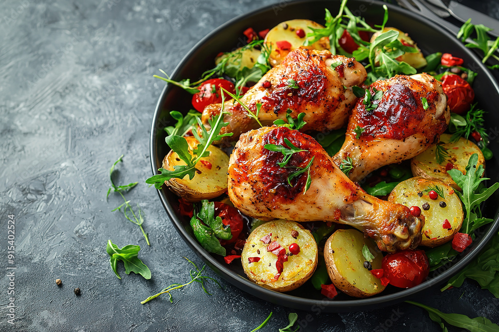 Oven baked chicken drumsticks with baked potato and fresh vegetables on simple table