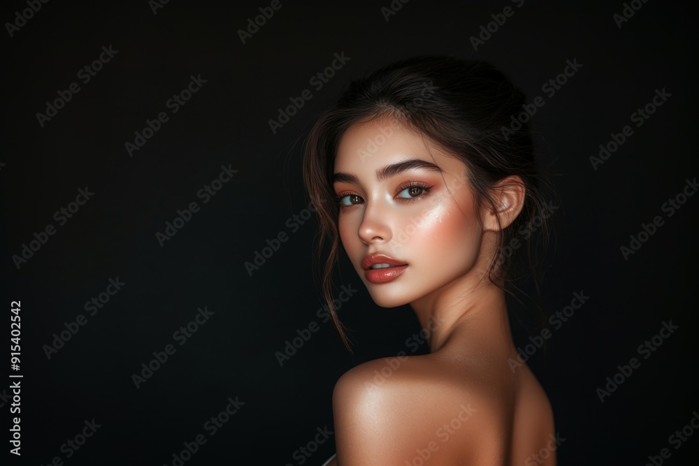 A beautiful brunette with flawless, fresh skin poses on a black background, looking over her shoulder. A beauty concept with copy space. A beautiful brunette with flawless, fresh skin poses on a black background, looking over her shoulder. A beauty concept with copy space.