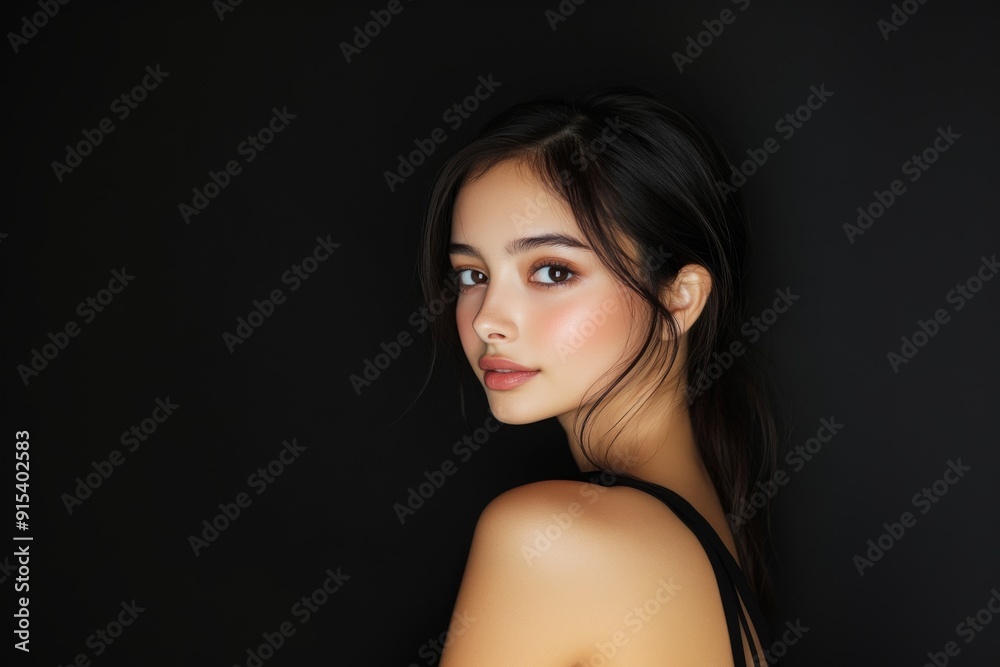 A beautiful brunette with clean, fresh skin poses on a black background, turning her head over her shoulder. The concept of beauty with space for text. A beautiful brunette with clean, fresh skin poses on a black background, turning her head over her shoulder. The concept of beauty with space for text.