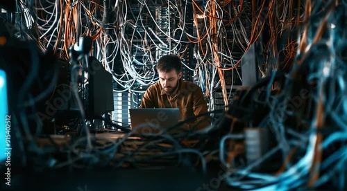 Focused technician using a laptop while troubleshooting in a server room surrounded by tangled cables.