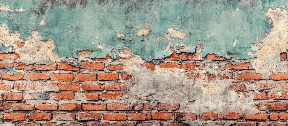 Fototapeta premium Empty Old Brick Wall Texture Distressed Painted Wall Surface Wide Grungy Brick Wall Grunge Red Stone Wall Background Shabby Building Facade with Cracked Plaster Abstract Web Banner Copy Space