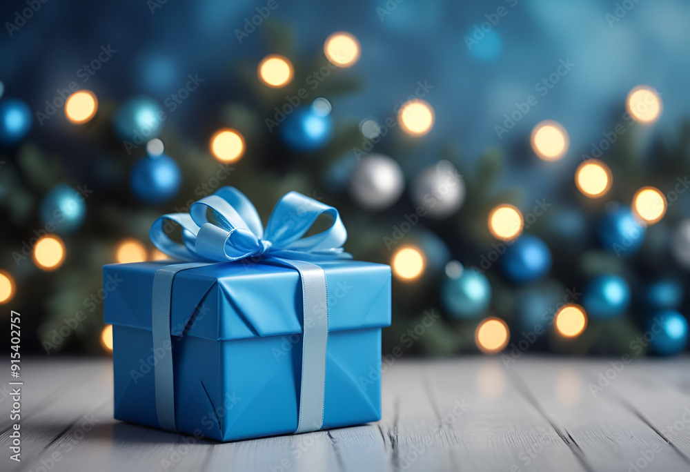 blue gift boxes white with ribbons on a wooden surface, decor christmas in background, and blurred holiday lights in the background blue gift boxes white with ribbons on a wooden surface, decor christmas in background, and blurred holiday lights in the background