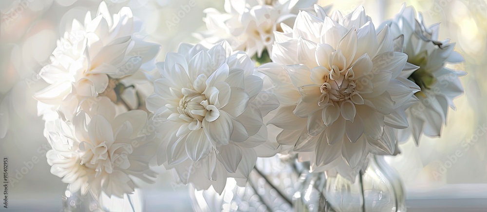 White autumn dahlias in a clear glass vase set against a white background Copy space White autumn dahlias in a clear glass vase set against a white background Copy space