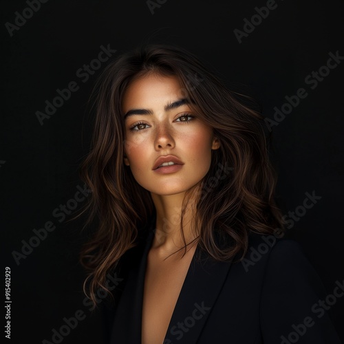 A beautiful woman with dark brown wavy hair, short haircut, with natural makeup, in a black blazer on a black background