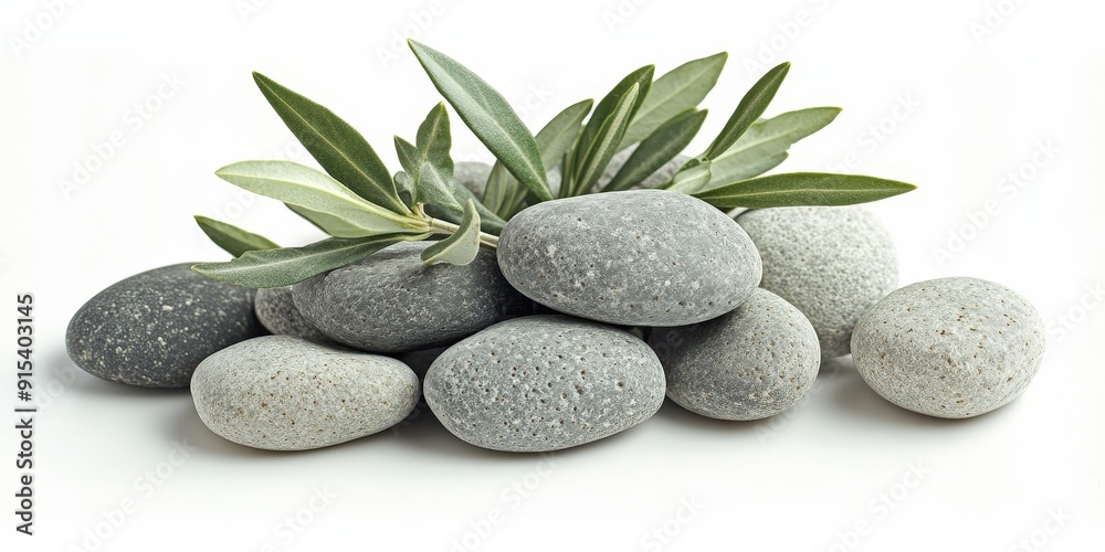Tranquil Scene with Sage Twig and Smooth Pebbles on Sand Tranquil Scene with Sage Twig and Smooth Pebbles on Sand