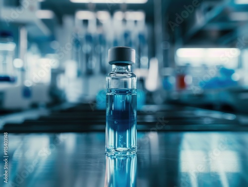 A close-up of an empty vial with blue liquid and medical equipment in the background, symbolizing medical innovation.