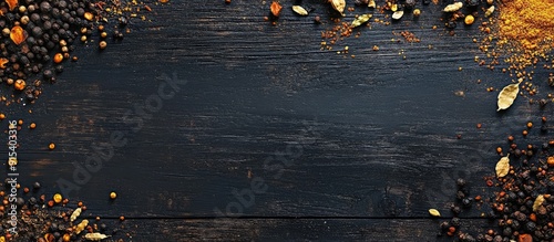 Various spices on a black w...