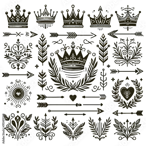 page decor with crowns, arrows set illustration 