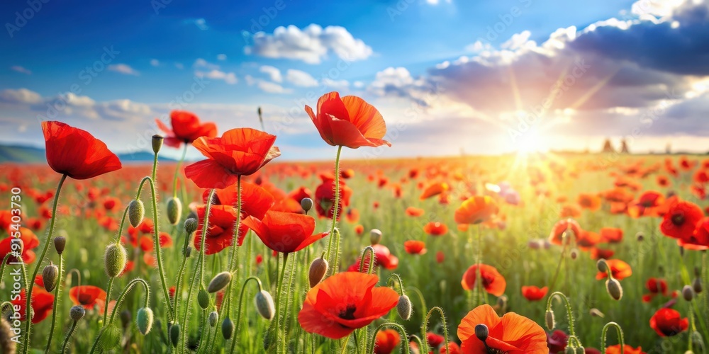 Fototapeta premium Botanical field with red poppy flowers in summer day, botanical, field, red poppy, flowers, summer, sunny, vibrant