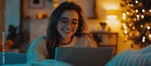 Joyful Woman Using Laptop a...
