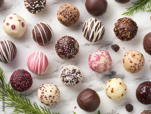 Assortment of Gourmet Chocolate Truffles with Various Toppings on a Marble Background