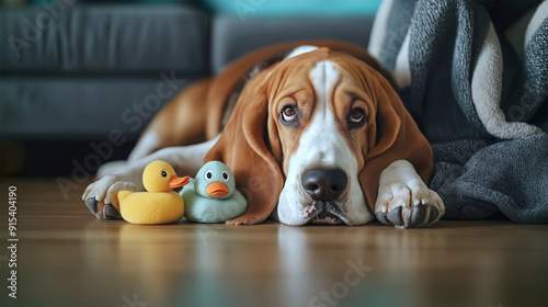 Adorable Basset Hound Resting Indoors with Toy Ducks on a Cozy Floor
 photo