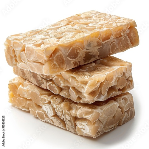 Three blocks of fresh tempeh arranged in a stack, showcasing its texture and natural color, isolated on white background.