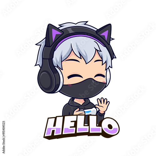Anime masked gamer boy character waving hand esport mascot logo vector