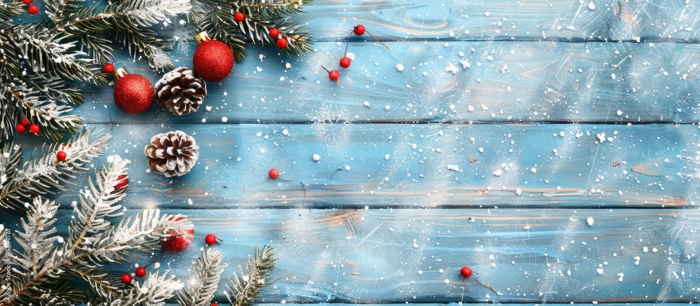 Merry Christmas and Happy Holidays greeting card banner frame New Year Happy New Year card featuring snow on a wooden background Winter holiday theme Flat lay copy space Merry Christmas and Happy Holidays greeting card banner frame New Year Happy New Year card featuring snow on a wooden background Winter holiday theme Flat lay copy space
