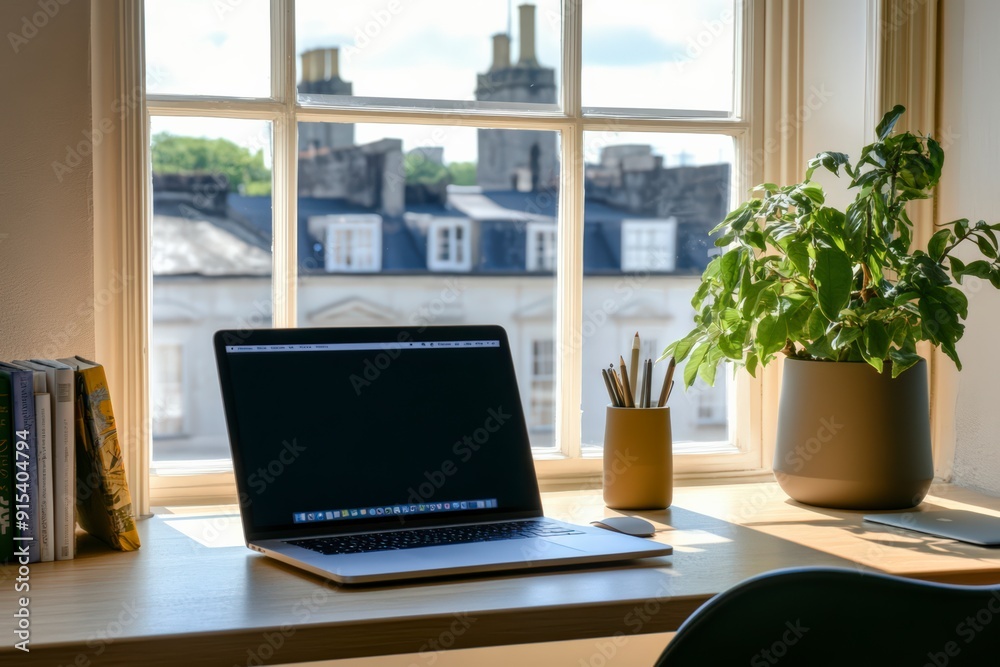 Minimalist home office setup with laptop by window, featuring natural light and city view Minimalist home office setup with laptop by window, featuring natural light and city view