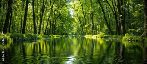 Canal river in a lush green forest park Majestic deciduous trees Beginning of spring and summer Symmetrical reflections in crystal clear water acting as a natural mirror Scenic panoramic views Hiking