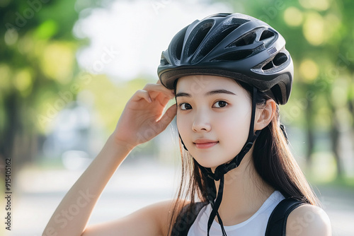 Cyclist woman putting bike helmet on head protection photo