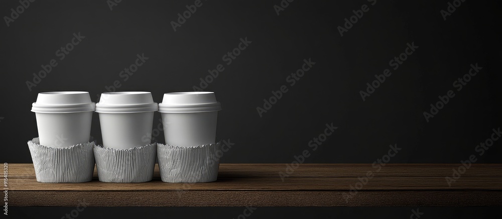 Coffee mugs placed in a paper mold on a wooden table Disposable dishes used in a fast food setting Dark background. with copy space image. Place for adding text or design Coffee mugs placed in a paper mold on a wooden table Disposable dishes used in a fast food setting Dark background. with copy space image. Place for adding text or design
