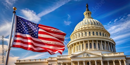 Wallpaper Mural US flag waving in front of Capitol State Building in Washington DC, USA, US flag, Capitol State Building Torontodigital.ca