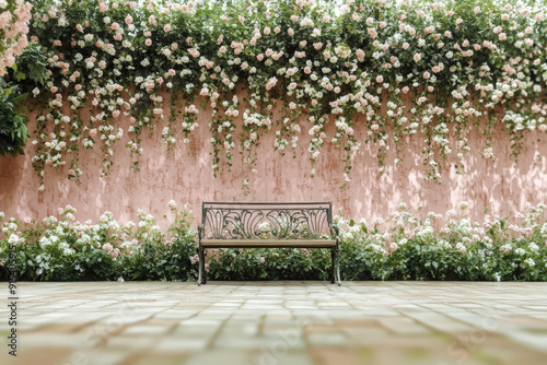 An empty bench rests before a rose-covered wall exuding quietness, inviting introspection, and symbolizing tranquility and patience. photo