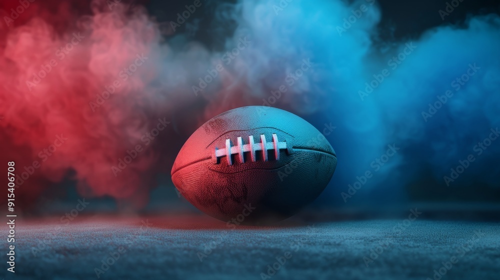 American Football Ball with Blue and Red Smoke Explosion