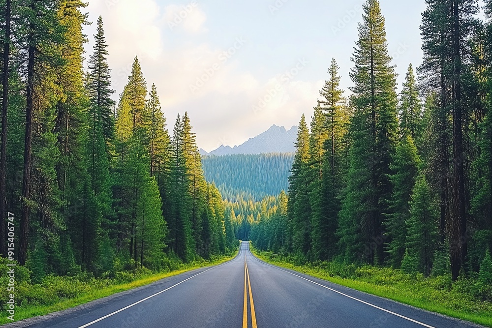 A tranquil highway surrounded by towering pine trees, with sunlight filtering through the branches, creating a serene and adventurous atmosphere, Realism, Photography A tranquil highway surrounded by towering pine trees, with sunlight filtering through the branches, creating a serene and adventurous atmosphere, Realism, Photography