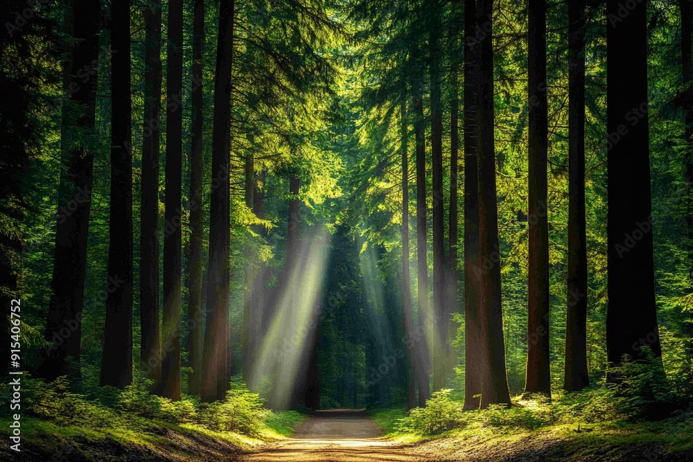 Fototapeta premium A tranquil highway surrounded by towering pine trees, with sunlight filtering through the branches, creating a serene and adventurous atmosphere, Realism, Photography