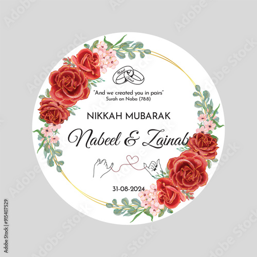 Vector illustration of floral tags. Baat Pakki Tag, Nikah tags, Thank you tags, wedding tags, birthday tags, label. Luxury Floral Nikkah Certificate, Premium A4 Islamic Wedding Contract, Nikah Nama.
