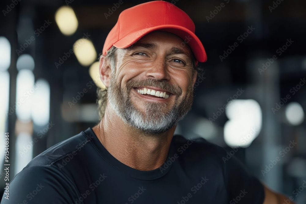 A man with a gray beard happily smiling while wearing a red cap and a dark gym outfit, exuding positivity and strength in a gym setting filled with workout equipment. A man with a gray beard happily smiling while wearing a red cap and a dark gym outfit, exuding positivity and strength in a gym setting filled with workout equipment.
