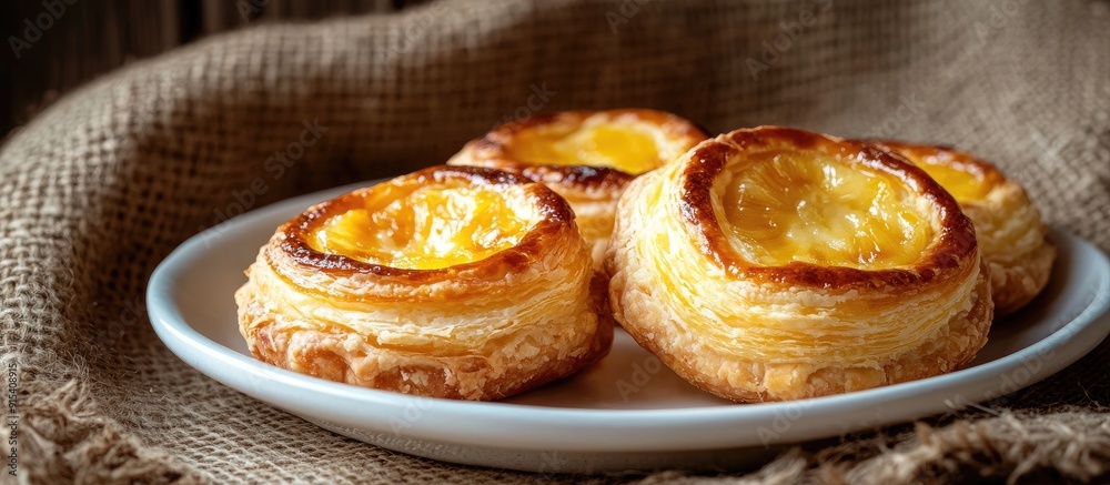 Pineapple danish pastry on a white dish set against a brown sack background. with copy space image. Place for adding text or design Pineapple danish pastry on a white dish set against a brown sack background. with copy space image. Place for adding text or design