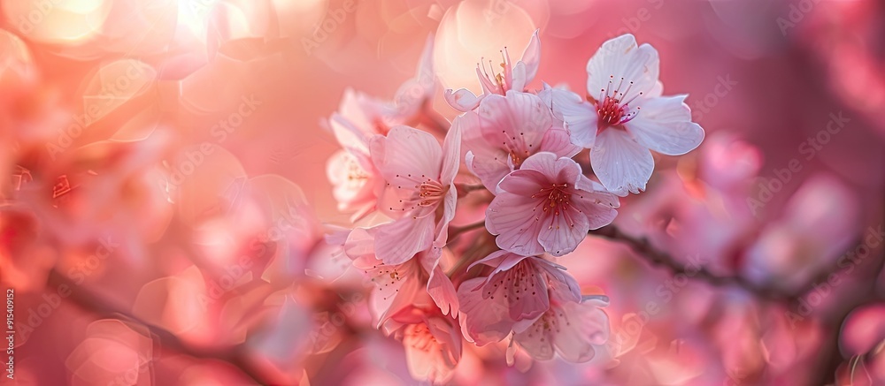 Close up of blooming pink sakura with a blurred background. with copy space image. Place for adding text or design Close up of blooming pink sakura with a blurred background. with copy space image. Place for adding text or design