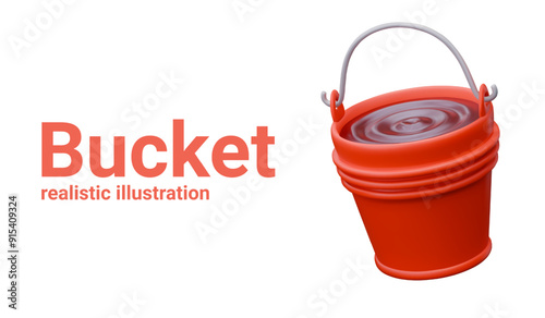 Bright red bucket filled with water. Metal fire extinguishing equipment