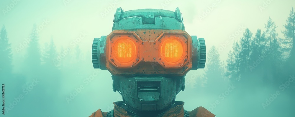 A futuristic robot with glowing orange eyes in a misty forest, showcasing advanced technology and a mysterious atmosphere.