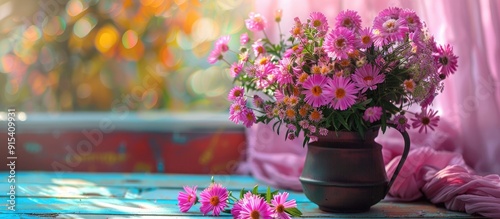 Lovely asters in a jug on a table with a pink background with space for text Fall flowers. with copy space image. Place for adding text or design
