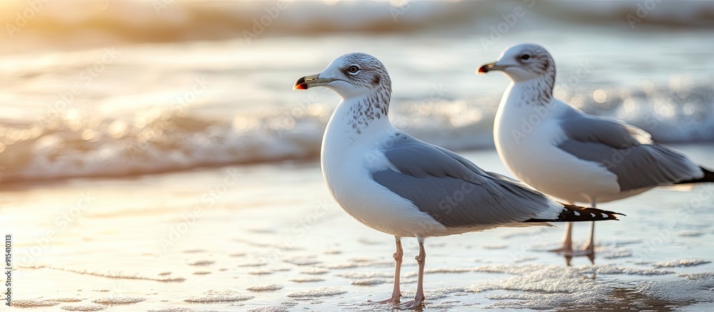 Fototapeta premium Seagulls at the beach in natural daylight. with copy space image. Place for adding text or design