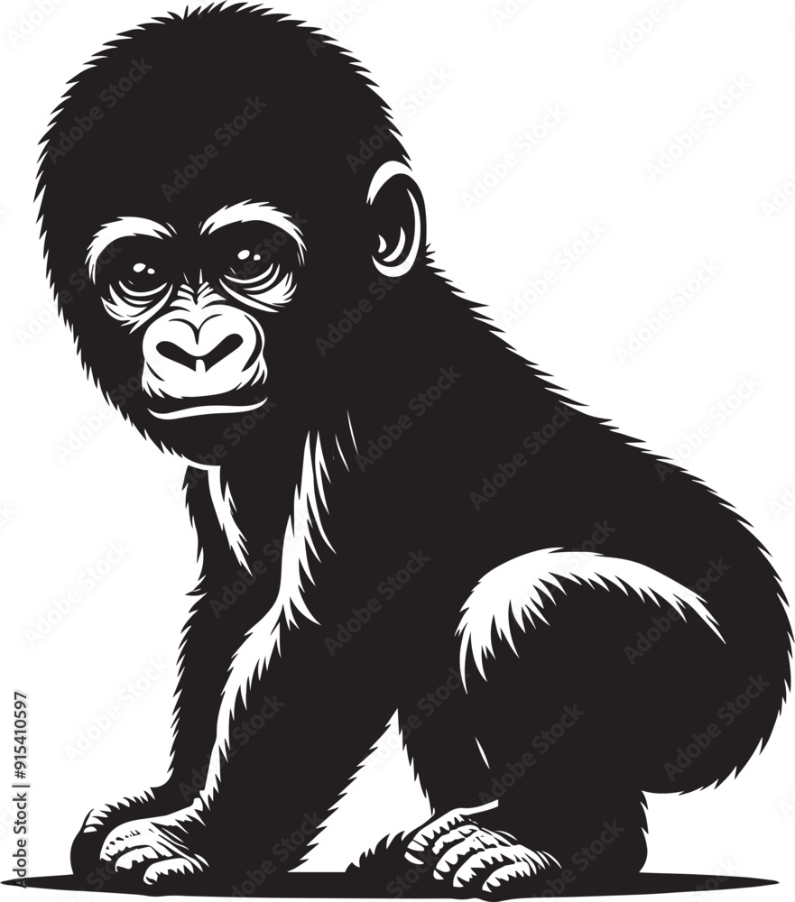 Obraz premium Baby Gorilla Silhouette isolated on white background Minimalist gorilla vector shape
