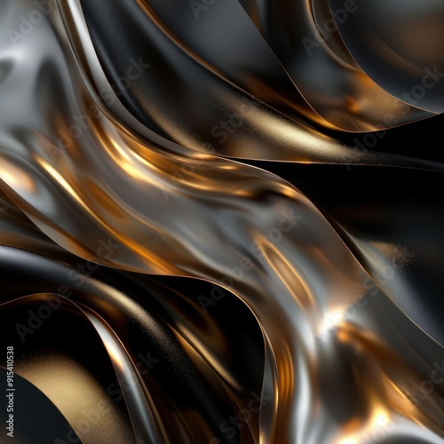 Intricate golden abstract metal wave pattern with glittering textures and reflections, photo