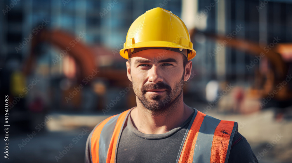 European builder in a safety helmet looks at the camera against a construction background. European builder in a safety helmet looks at the camera against a construction background.