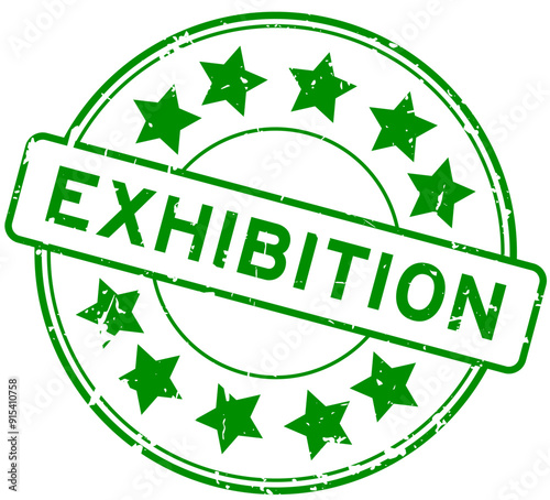 Grunge green exhibition word with star icon round rubber seal stamp on white background