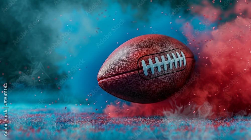 American Football Ball with Blue and Red Smoke Explosion American Football Ball with Blue and Red Smoke Explosion