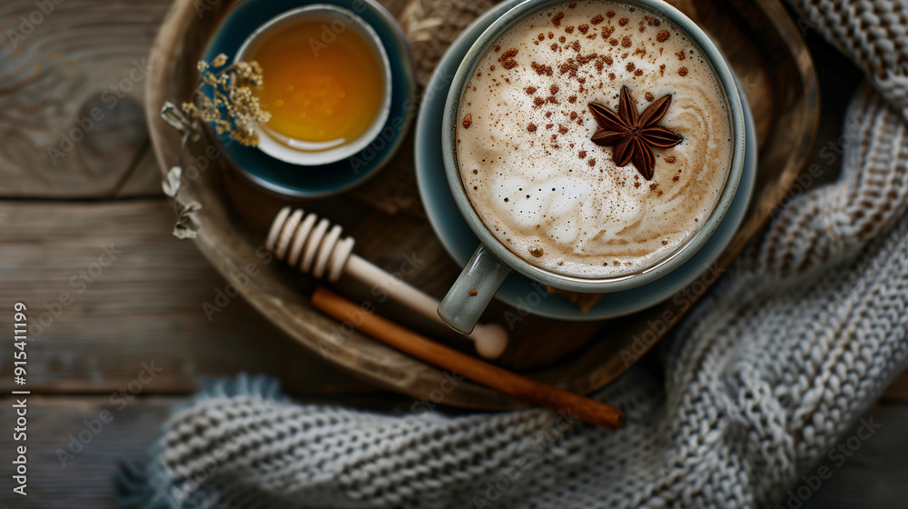 a chai tea latte, beautifully decorated with latte art and a dusting of cinnamon, served in a ceramic mug on a wooden tray with a small dish of honey and a cozy knit scarf nearby a chai tea latte, beautifully decorated with latte art and a dusting of cinnamon, served in a ceramic mug on a wooden tray with a small dish of honey and a cozy knit scarf nearby