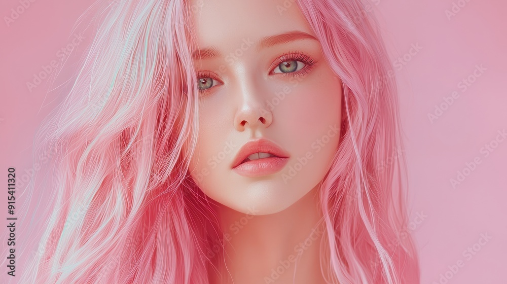 A stunning portrait of a model with long, pink hair against a soft pink background, capturing current beauty trends and elegance. A stunning portrait of a model with long, pink hair against a soft pink background, capturing current beauty trends and elegance.