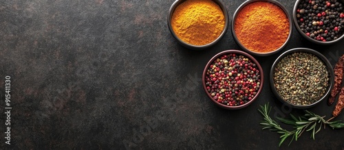 Assorted spices in bowls on...