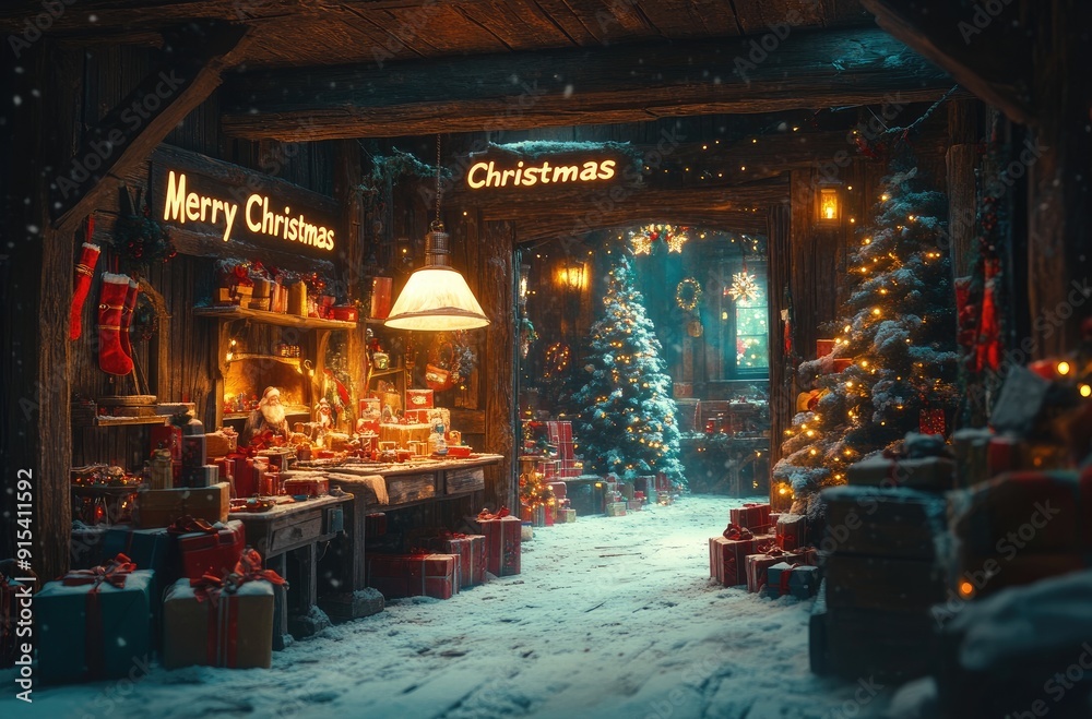 Santa Claus workshop, house, wooden room with New Year, Christmas gifts, workbench, decorated pine, fir tree, big board with inscription Mery Christmas. Postcard, template for Christmas Eve greeting.