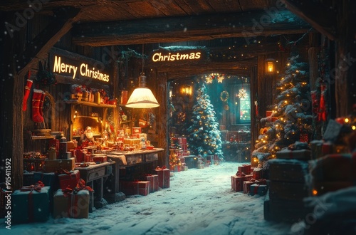 Obraz na płótnie Santa Claus workshop, house, wooden room with New Year, Christmas gifts, workbench, decorated pine, fir tree, big board with inscription Mery Christmas. Postcard, template for Christmas Eve greeting. w salonie
