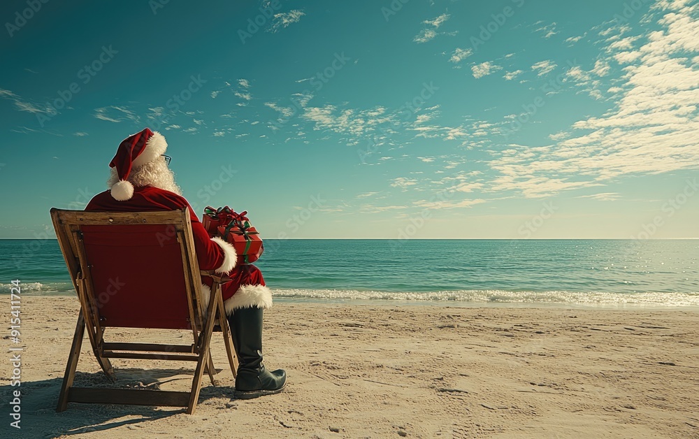 Santa Claus in sits in deck chair on the beach holding gift box and looking at landscape with clear ocean and empty shore. Christmas, New Year celebration post card, template.